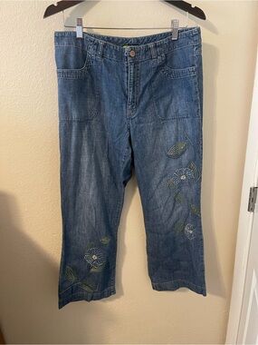 Sigrid Olsen Blue Denim Jeans with Green Floral Embroidery